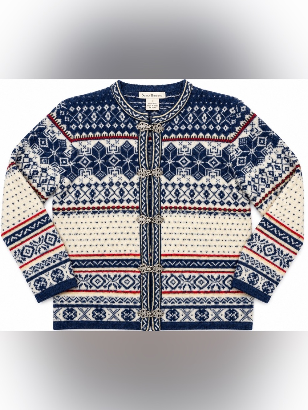 Susan Bristol 100% Wool Fair Isle Nordic Cardigan L Metal Clasps Blue Cream